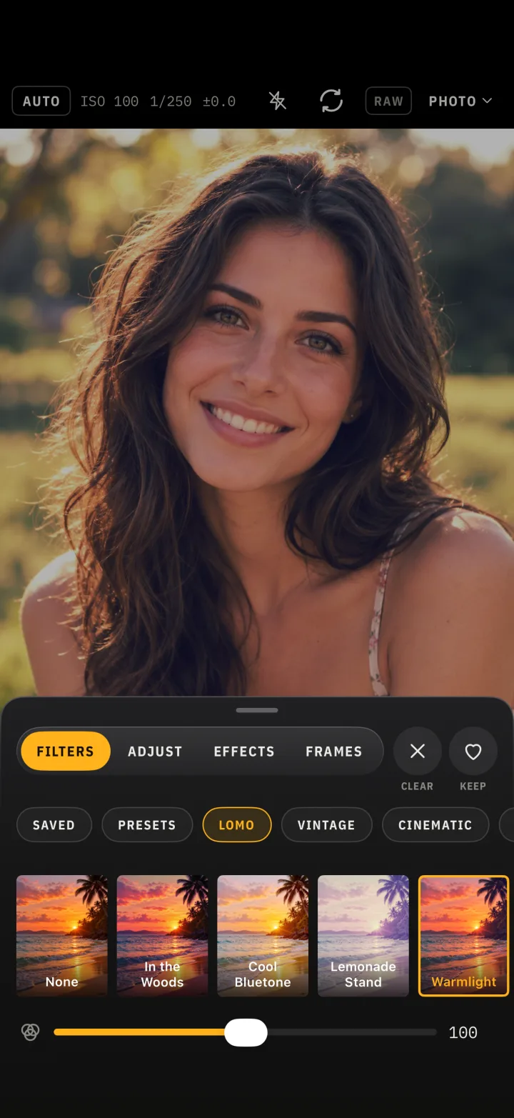 The looks studio open over a portrait, with the Warmlight look on.